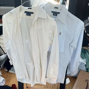 2 Ralph Lauren Women’s Slim fit Cream and Blue Striped Buttoned Down Shirts